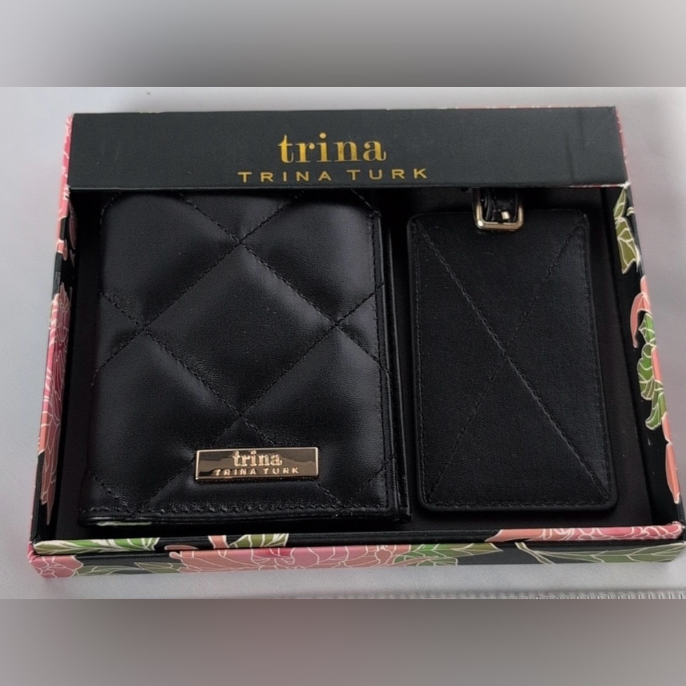 Trina Turk Black Quilted Passport Holder Luggage Tag Set - Picture 4 of 13